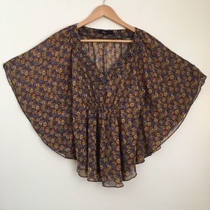 Semi-Sheer Floral Bohemian Butterfly Style Blouse